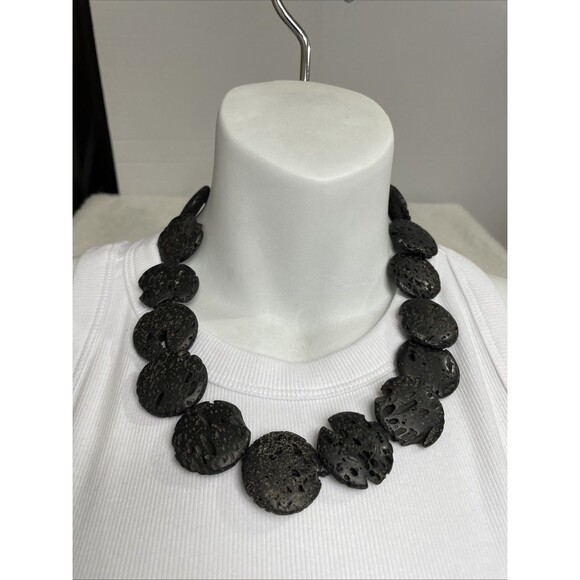 Vintage 925 Sterling Silver Black Lava Basalt Rock Necklace 18” - Picture 1 of 6